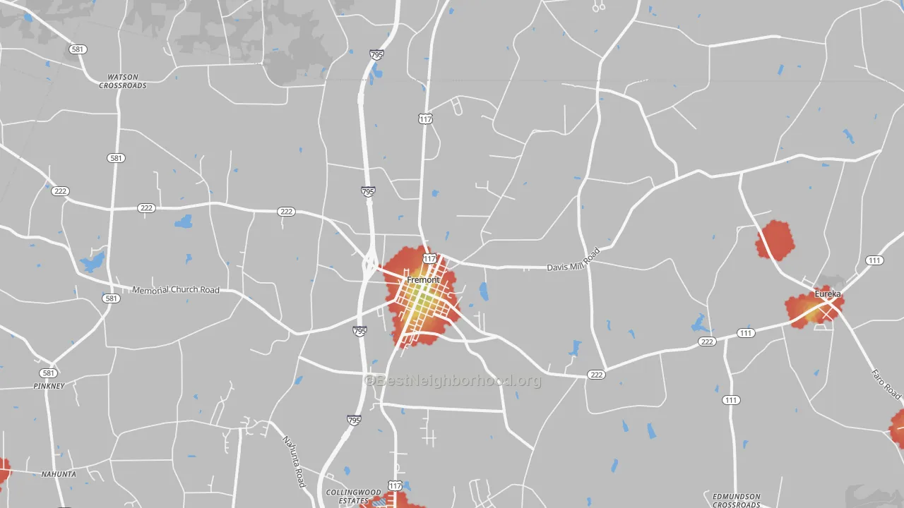 Walk Grade map of Fremont, NC, walkable areas in green and car-dependent areas in red