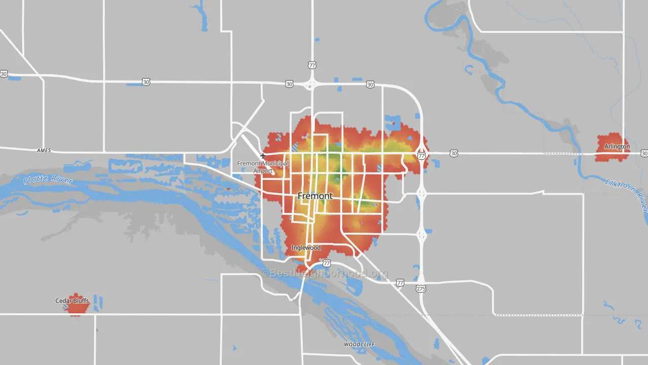 Walk Grade map of Fremont, NE, walkable areas in green and car-dependent areas in red