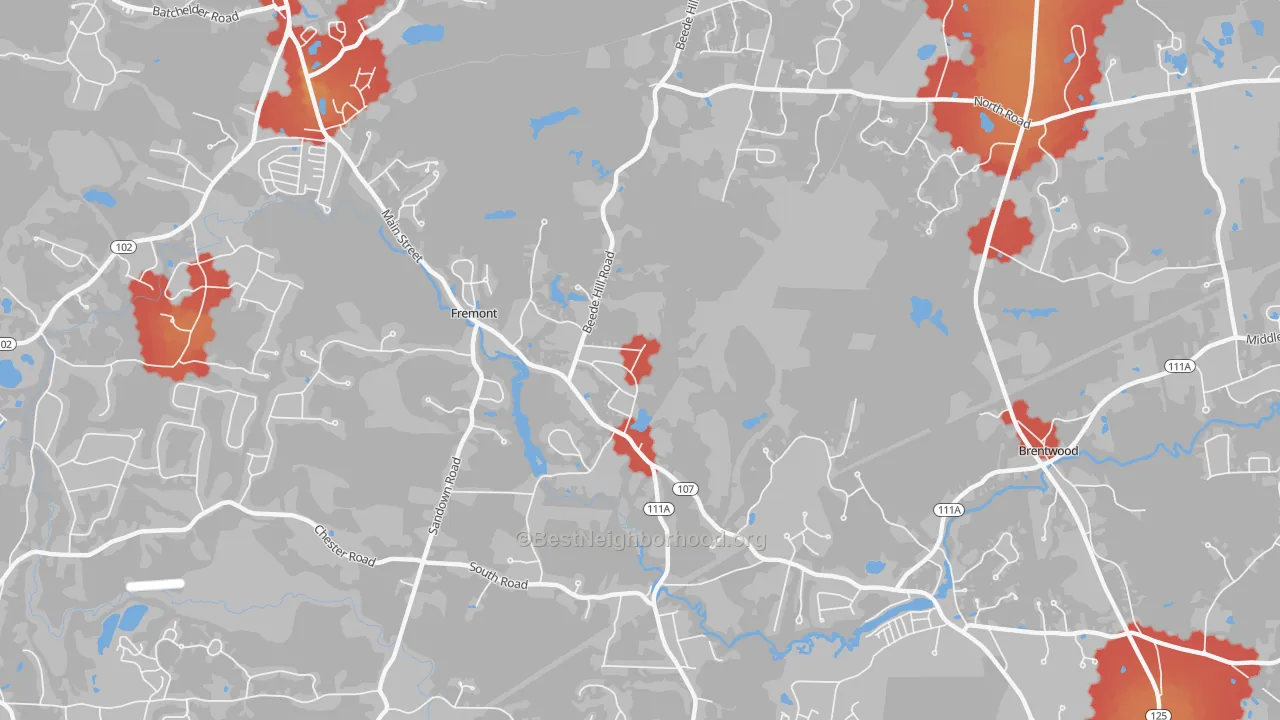 Walk Grade map of Fremont, NH, walkable areas in green and car-dependent areas in red