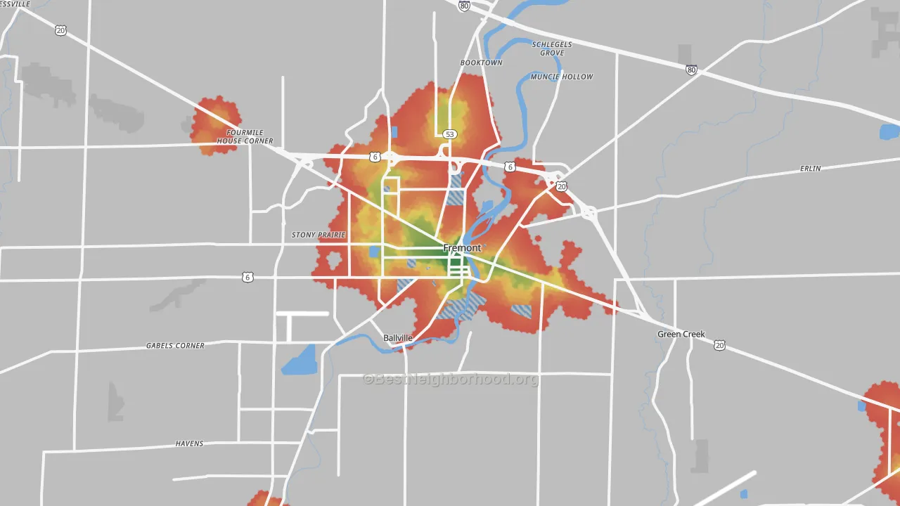 Walk Grade map of Fremont, OH, walkable areas in green and car-dependent areas in red
