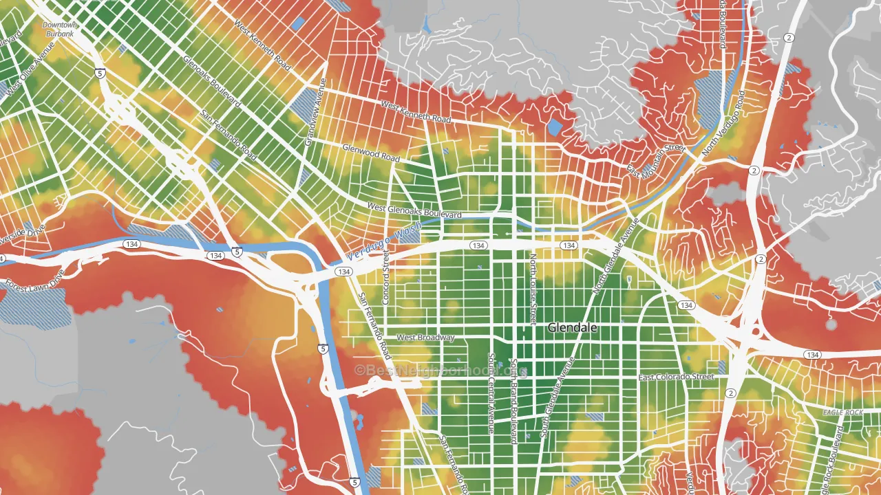 Walk Grade map of Fremont Park, Glendale, CA, walkable areas in green and car-dependent areas in red