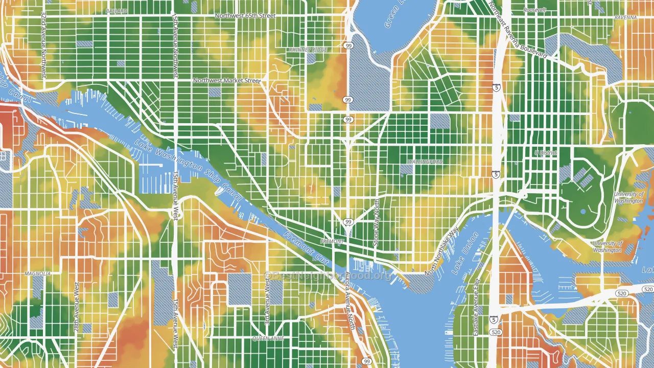 Walk Grade map of Fremont, Seattle, WA, walkable areas in green and car-dependent areas in red