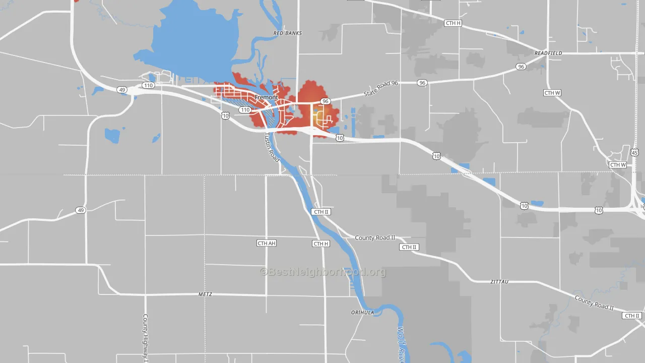 Walk Grade map of Fremont, WI, walkable areas in green and car-dependent areas in red