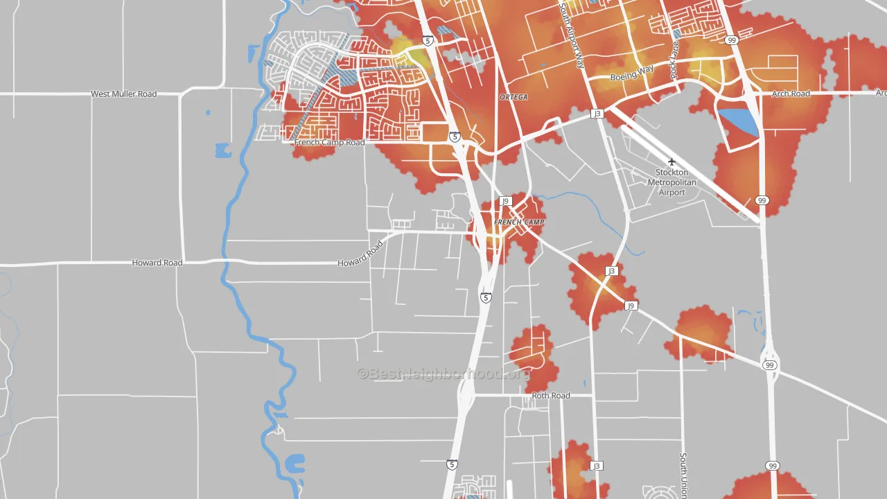 Walk Grade map of French Camp, CA, walkable areas in green and car-dependent areas in red