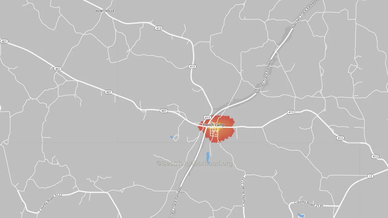 Walk Grade map of French Camp, MS, walkable areas in green and car-dependent areas in red