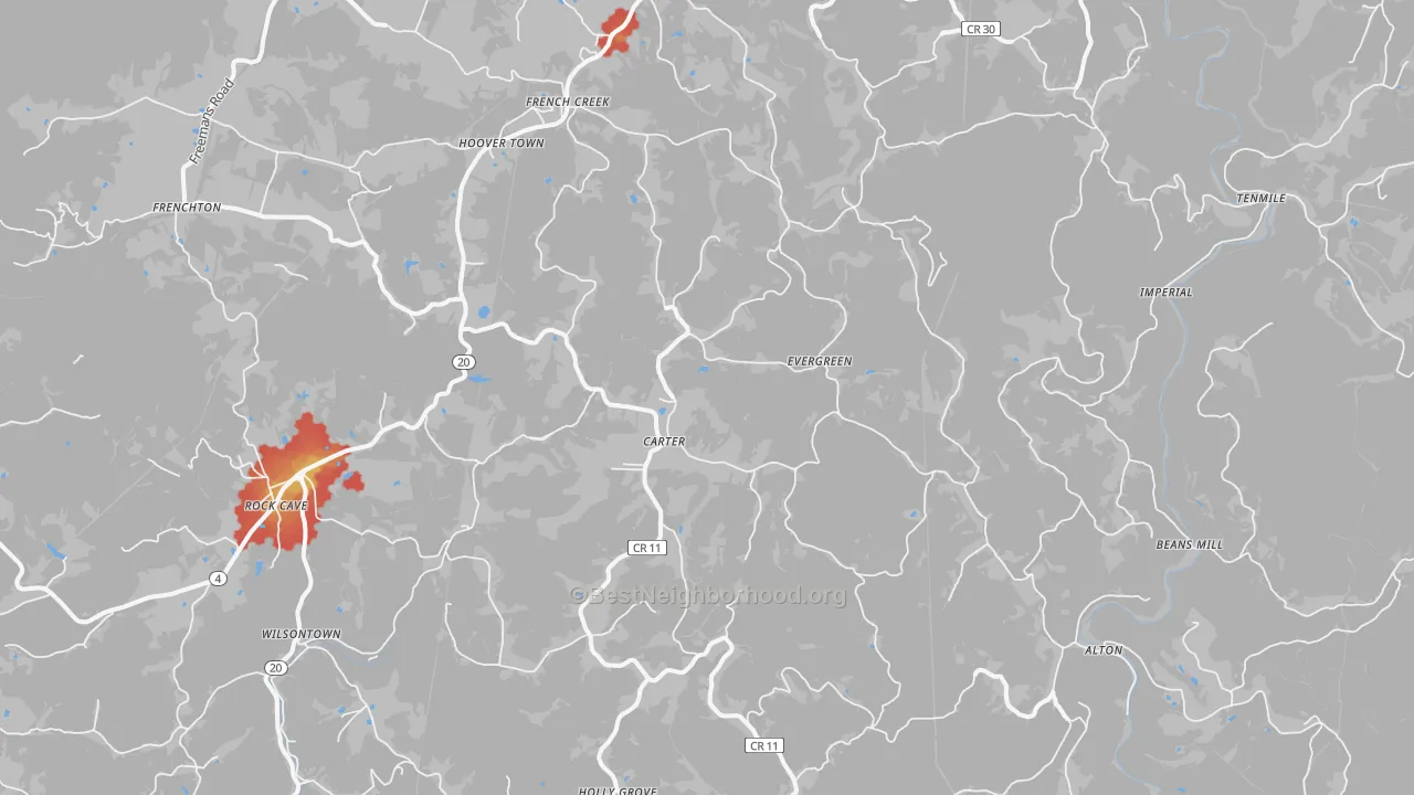 Walk Grade map of French Creek, WV, walkable areas in green and car-dependent areas in red