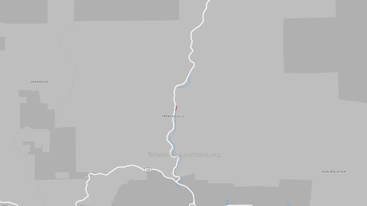 Walk Grade map of French Gulch, CA, walkable areas in green and car-dependent areas in red