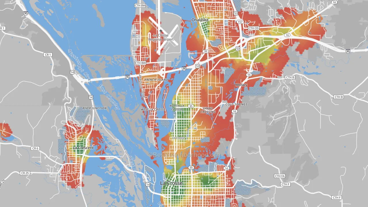 Walk Grade map of French Island, WI, walkable areas in green and car-dependent areas in red