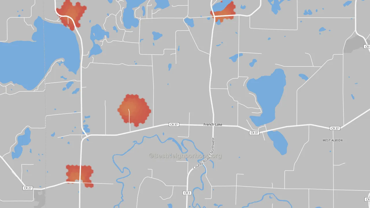 Walk Grade map of French Lake, MN, walkable areas in green and car-dependent areas in red