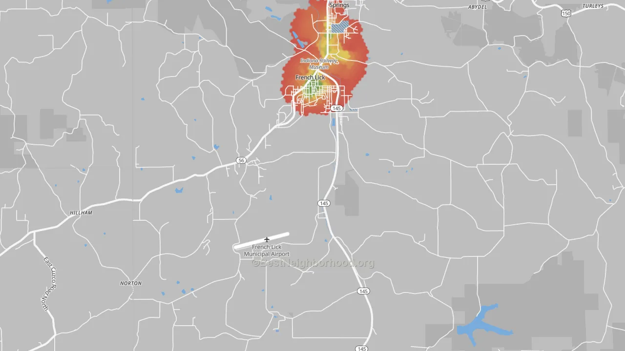 Walk Grade map of French Lick, IN, walkable areas in green and car-dependent areas in red