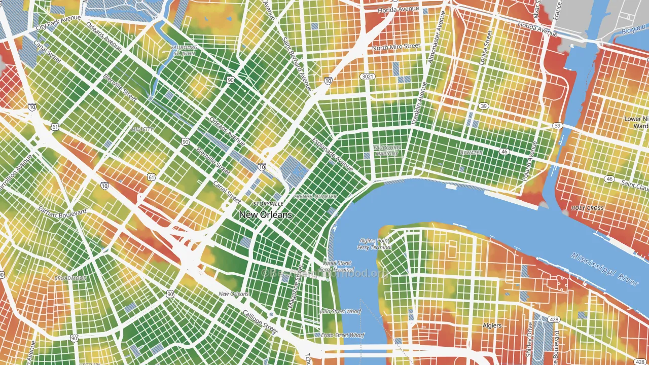 Walk Grade map of French Quarter, New Orleans, LA, walkable areas in green and car-dependent areas in red