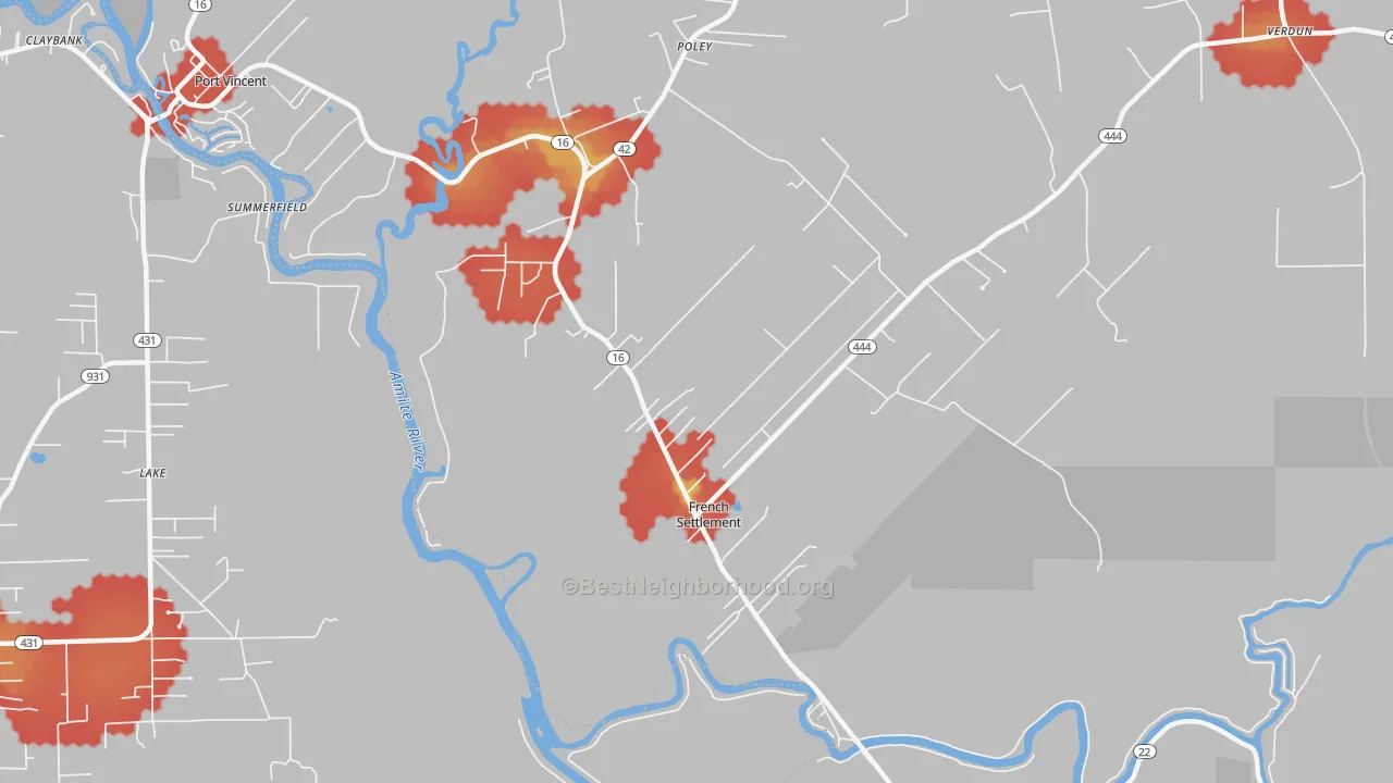 Walk Grade map of French Settlement, LA, walkable areas in green and car-dependent areas in red