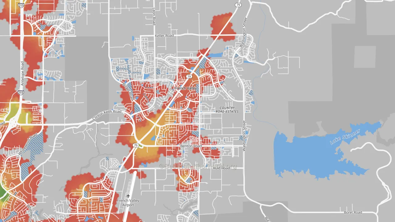 Walk Grade map of French Valley, CA, walkable areas in green and car-dependent areas in red