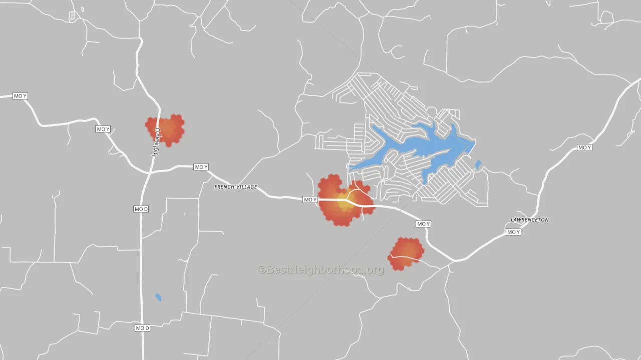 Walk Grade map of French Village, MO, walkable areas in green and car-dependent areas in red