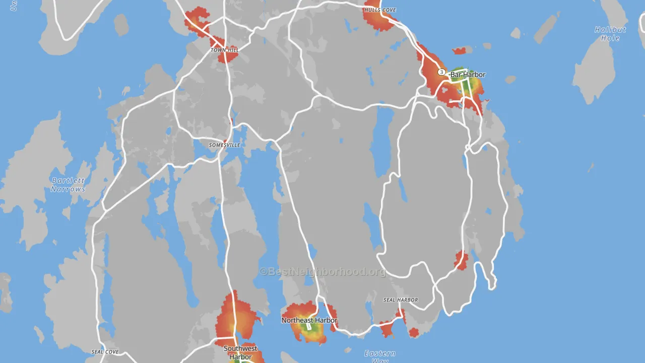 Walk Grade map of Frenchboro, ME, walkable areas in green and car-dependent areas in red