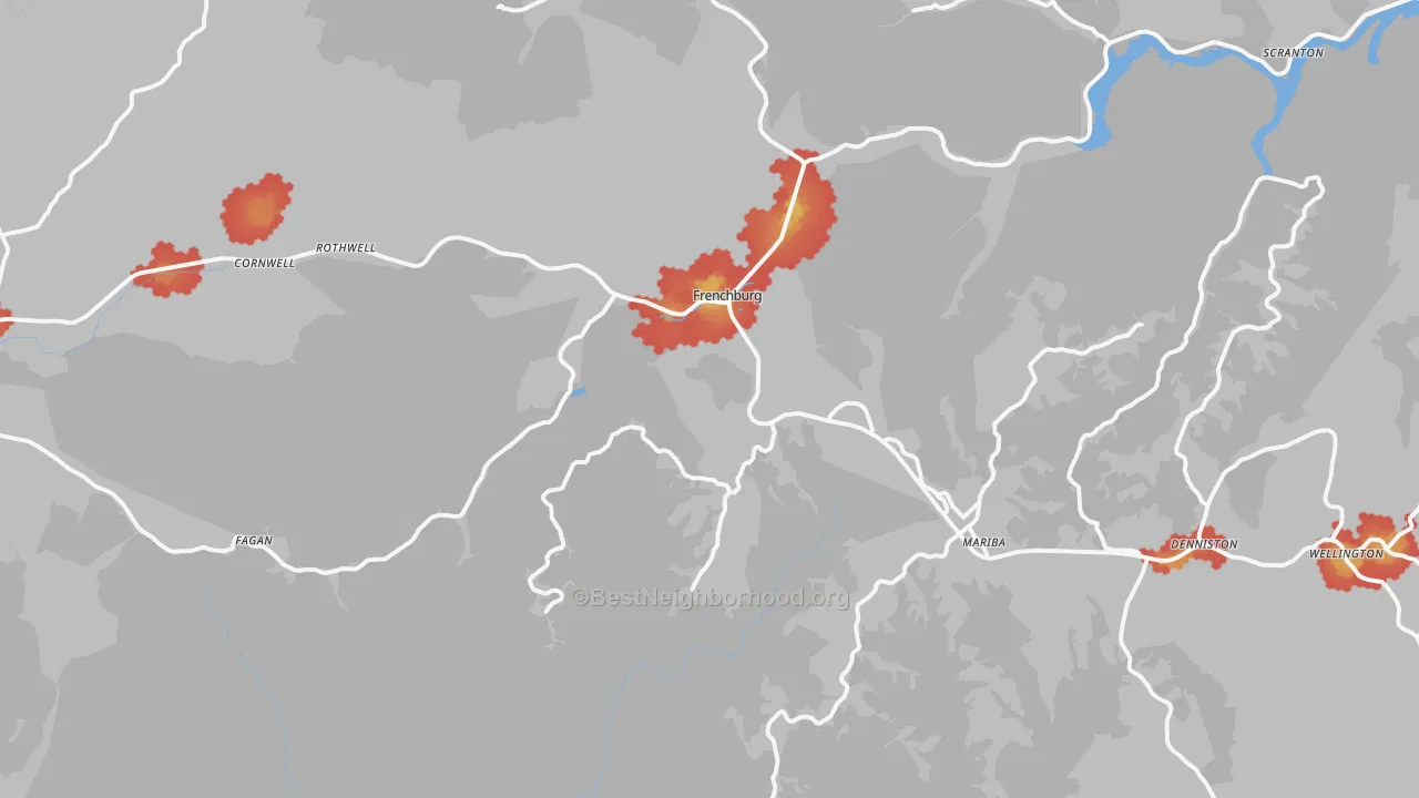 Walk Grade map of Frenchburg, KY, walkable areas in green and car-dependent areas in red