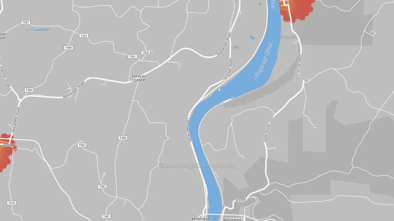 Walk Grade map of Frenchs Corners, PA, walkable areas in green and car-dependent areas in red