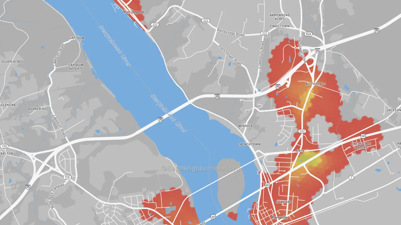 Walk Grade map of Frenchtown, MD, walkable areas in green and car-dependent areas in red