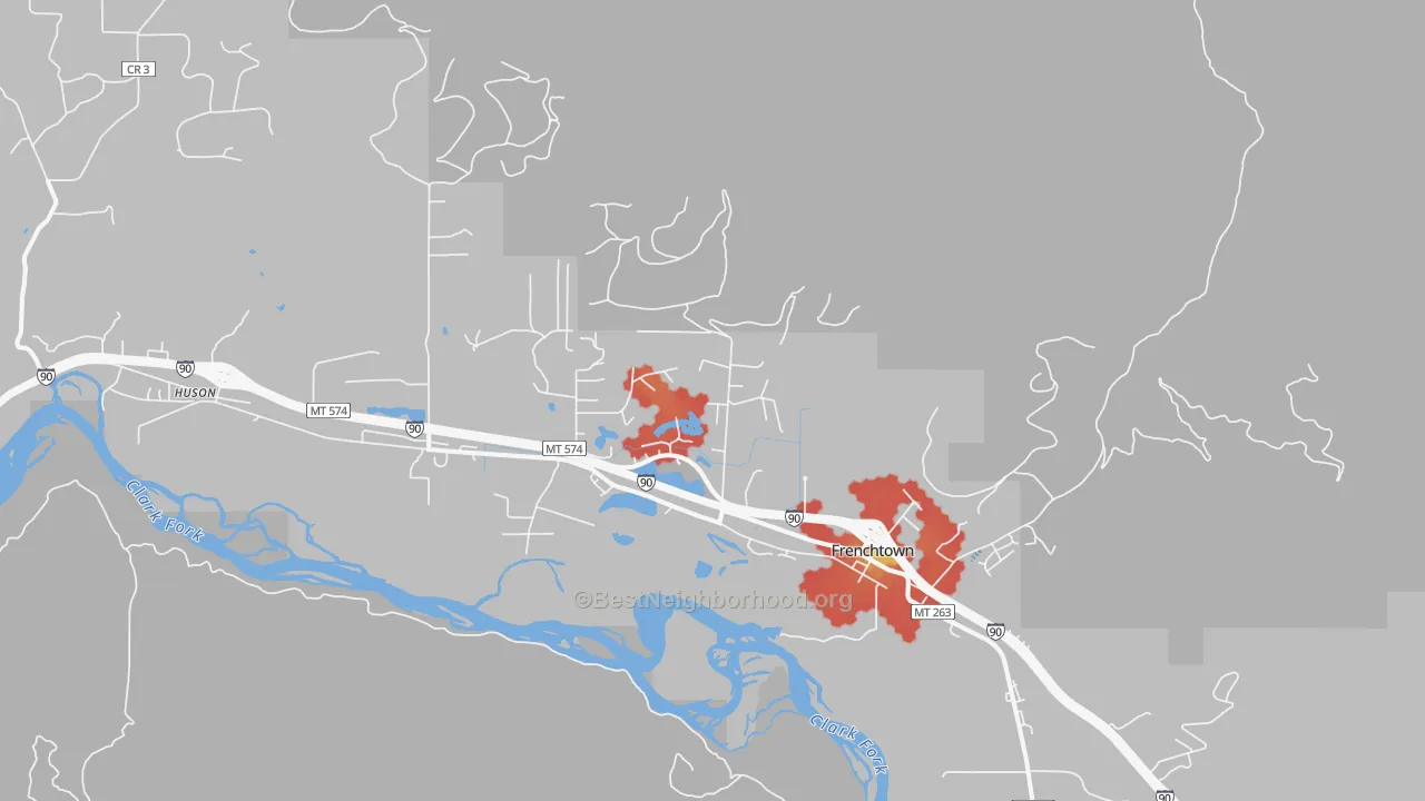 Walk Grade map of Frenchtown, MT, walkable areas in green and car-dependent areas in red