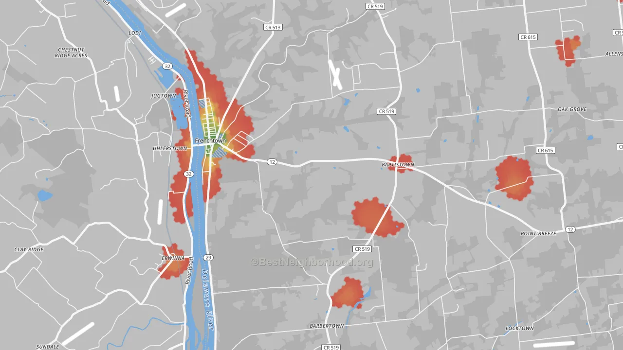 Walk Grade map of Frenchtown, NJ, walkable areas in green and car-dependent areas in red