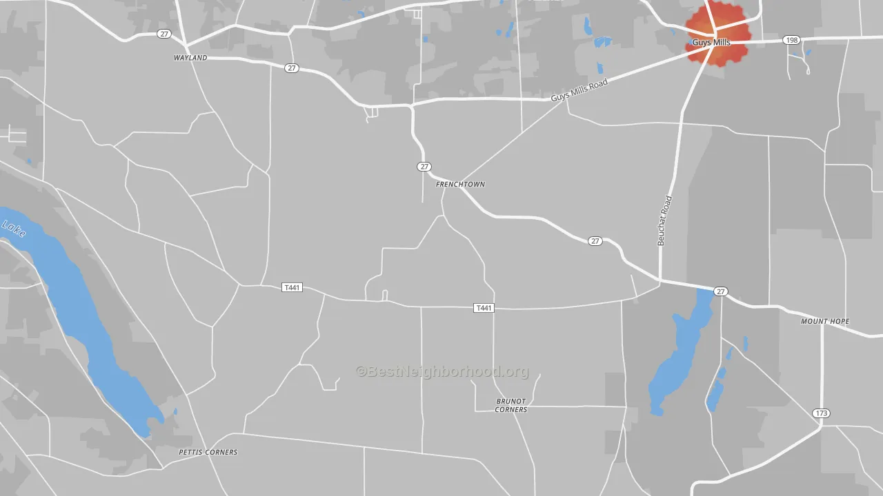 Walk Grade map of Frenchtown, PA, walkable areas in green and car-dependent areas in red