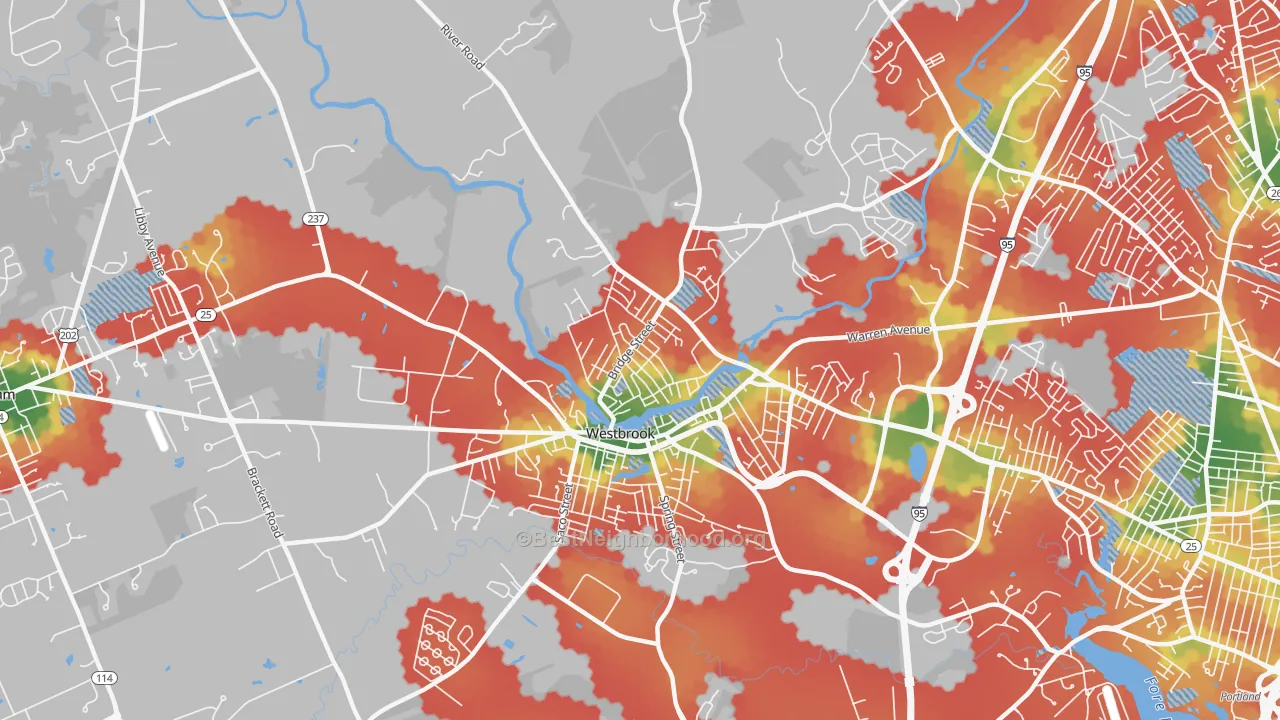Walk Grade map of Frenchtown, Westbrook, ME, walkable areas in green and car-dependent areas in red