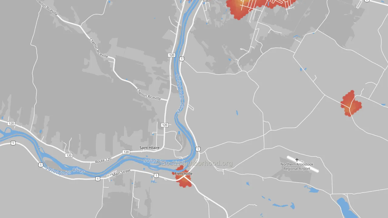 Walk Grade map of Frenchville, ME, walkable areas in green and car-dependent areas in red