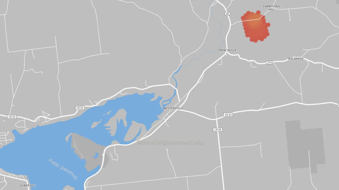 Walk Grade map of Frenchville, NY, walkable areas in green and car-dependent areas in red