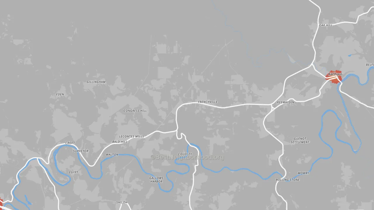 Walk Grade map of Frenchville, PA, walkable areas in green and car-dependent areas in red
