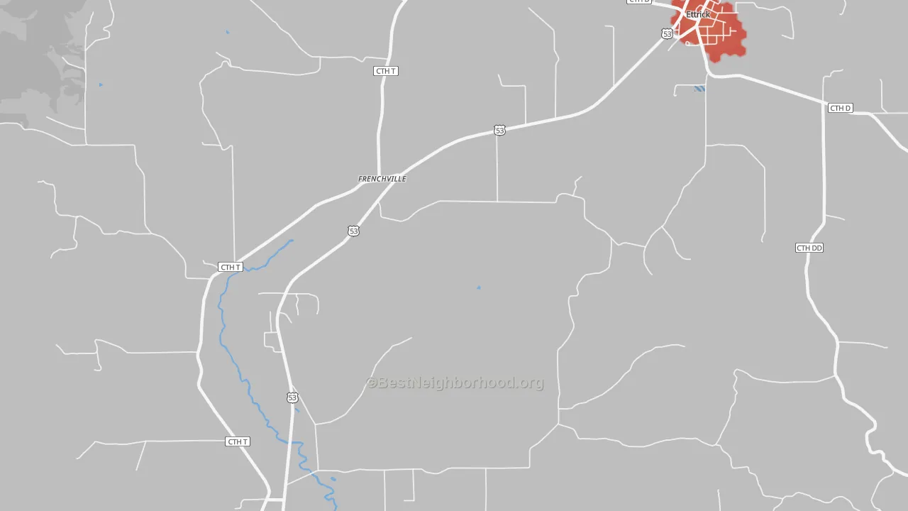 Walk Grade map of Frenchville, WI, walkable areas in green and car-dependent areas in red