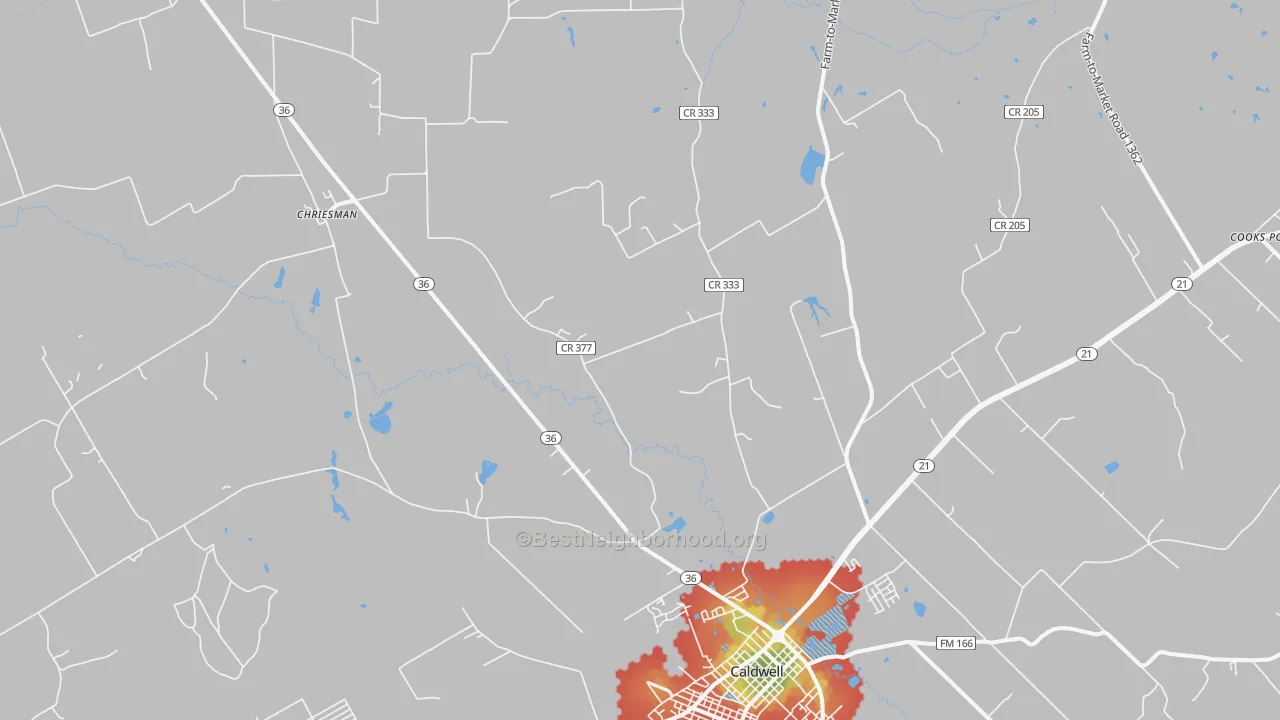 Walk Grade map of Frenstat, TX, walkable areas in green and car-dependent areas in red