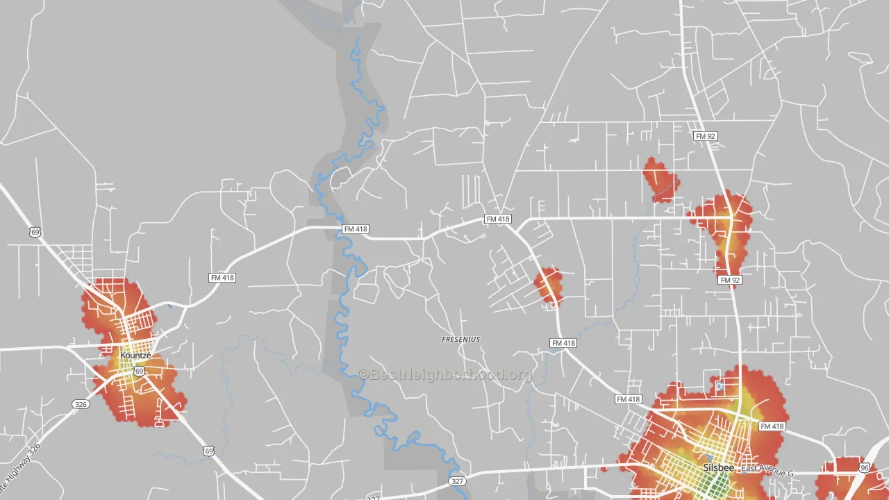 Walk Grade map of Fresenius, TX, walkable areas in green and car-dependent areas in red