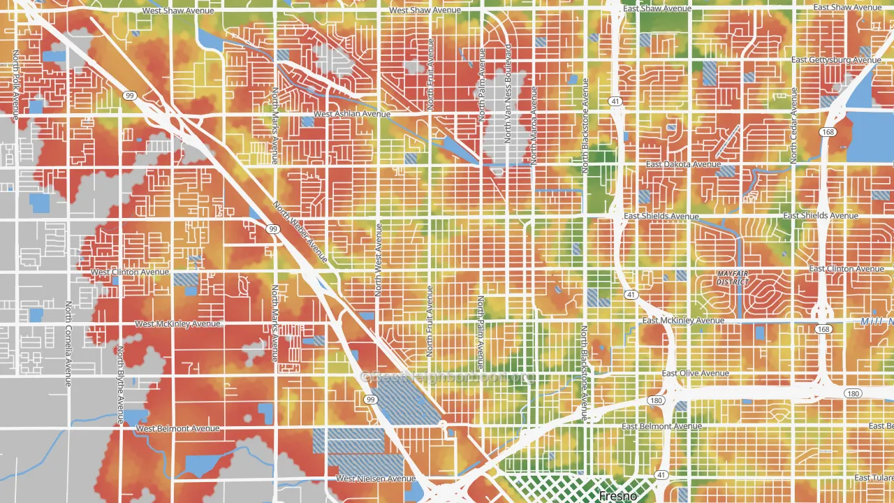 Walk Grade map of Fresno-High, Fresno, CA, walkable areas in green and car-dependent areas in red
