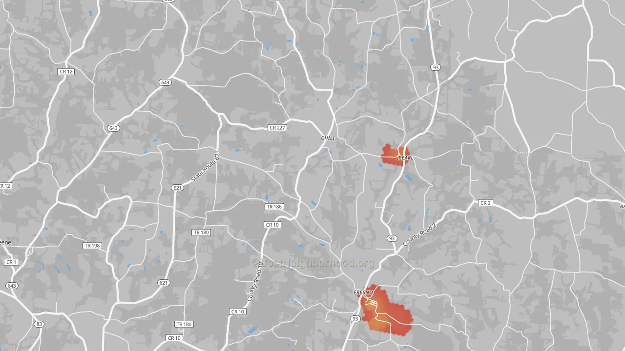 Walk Grade map of Fresno, OH, walkable areas in green and car-dependent areas in red