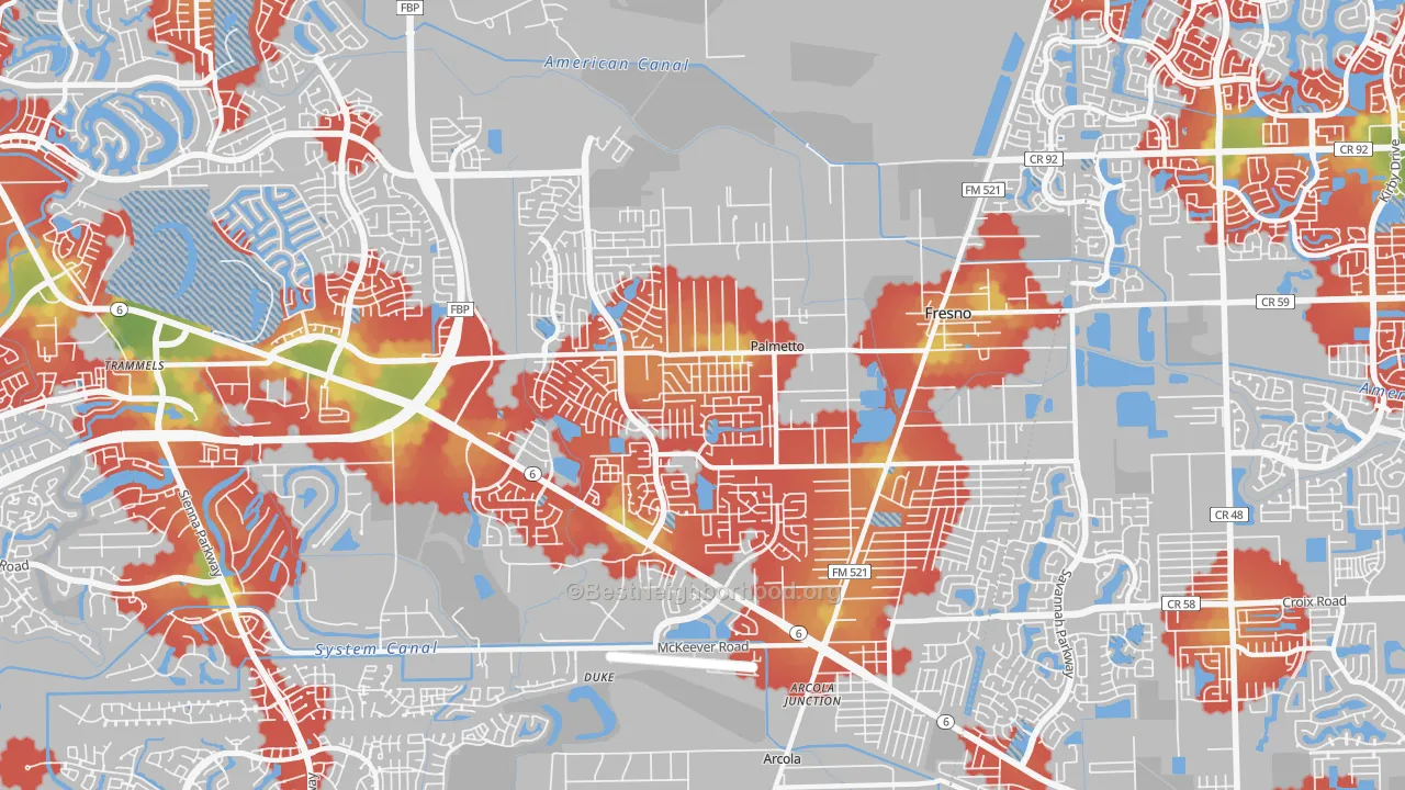 Walk Grade map of Fresno, TX, walkable areas in green and car-dependent areas in red