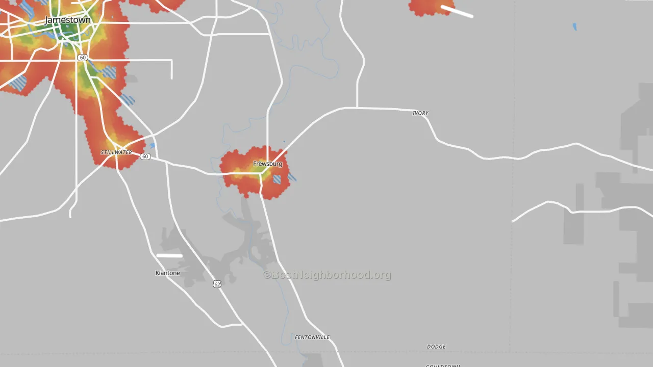 Walk Grade map of Frewsburg, NY, walkable areas in green and car-dependent areas in red