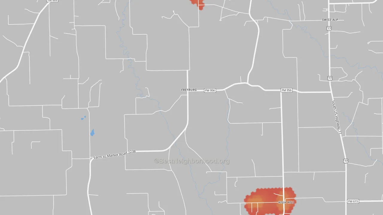 Walk Grade map of Freyburg, TX, walkable areas in green and car-dependent areas in red