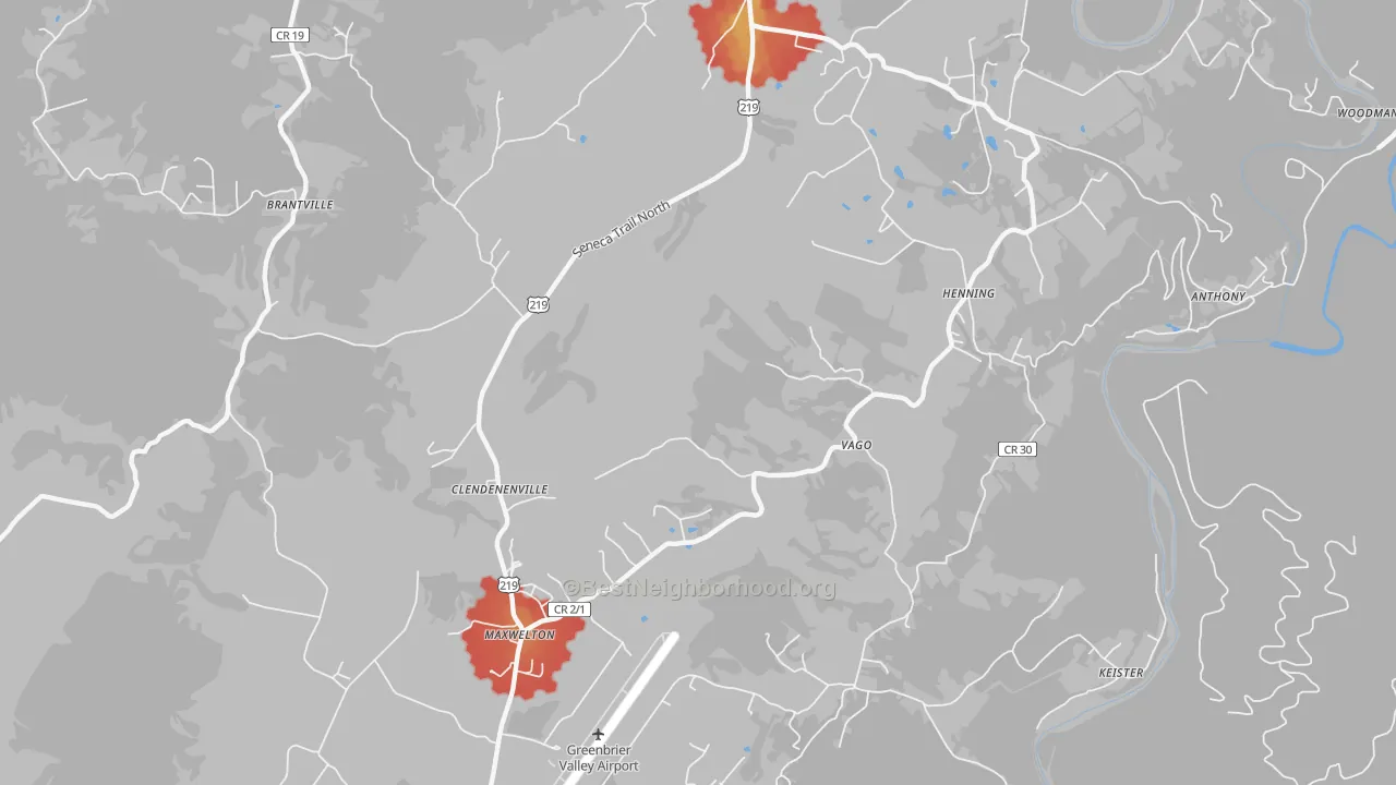 Walk Grade map of Friars Hill, WV, walkable areas in green and car-dependent areas in red