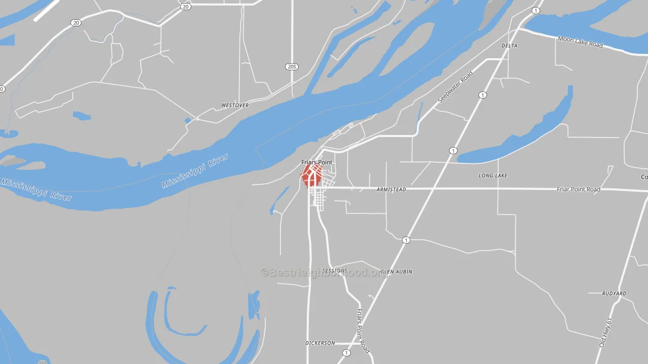 Walk Grade map of Friars Point, MS, walkable areas in green and car-dependent areas in red
