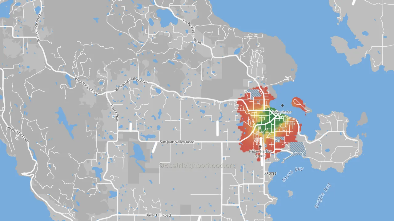 Walk Grade map of Friday Harbor, WA, walkable areas in green and car-dependent areas in red