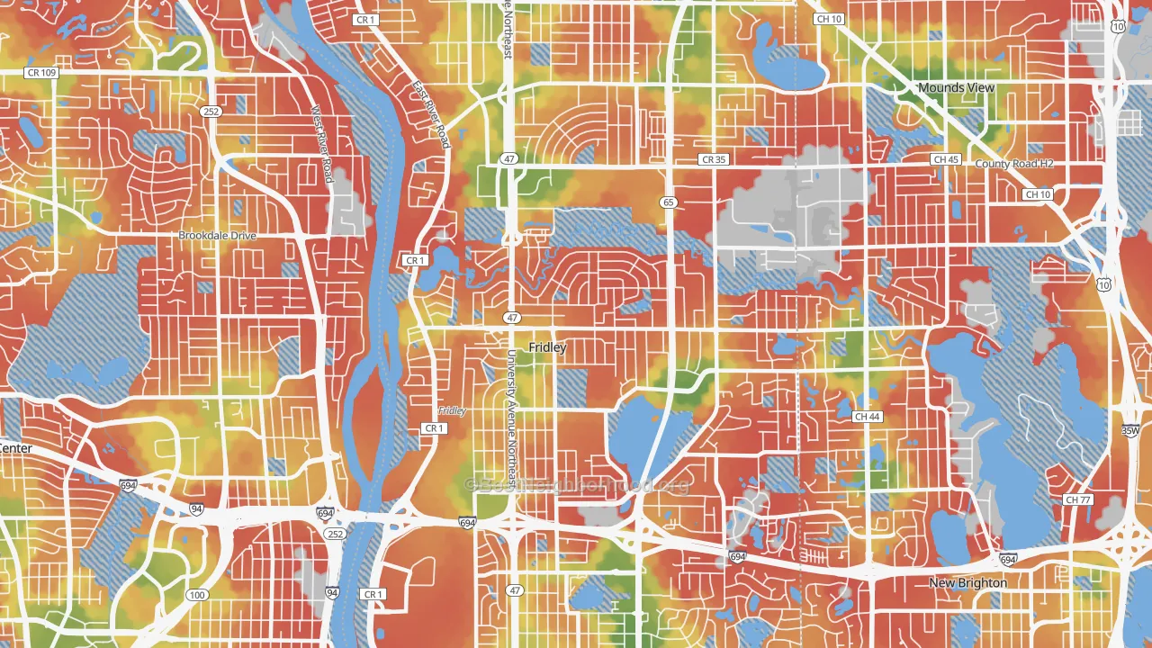 Walk Grade map of Fridley, MN, walkable areas in green and car-dependent areas in red