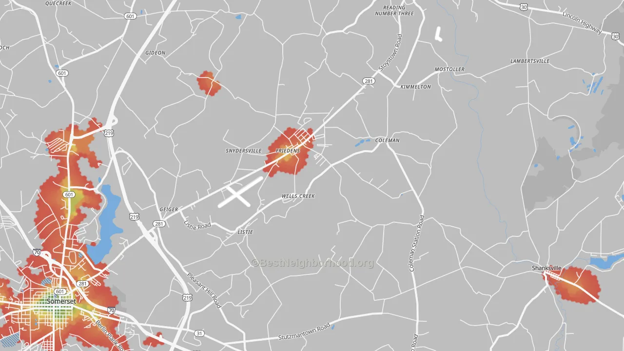 Walk Grade map of Friedens, PA, walkable areas in green and car-dependent areas in red