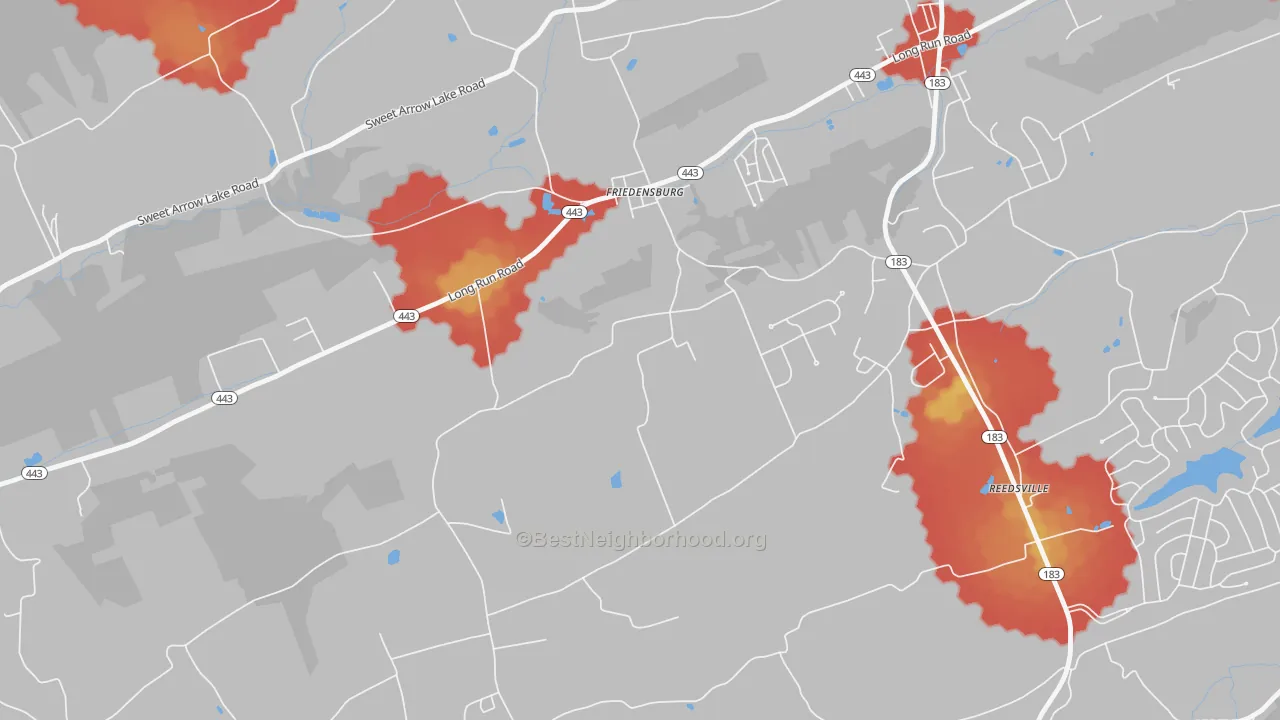 Walk Grade map of Friedensburg, PA, walkable areas in green and car-dependent areas in red