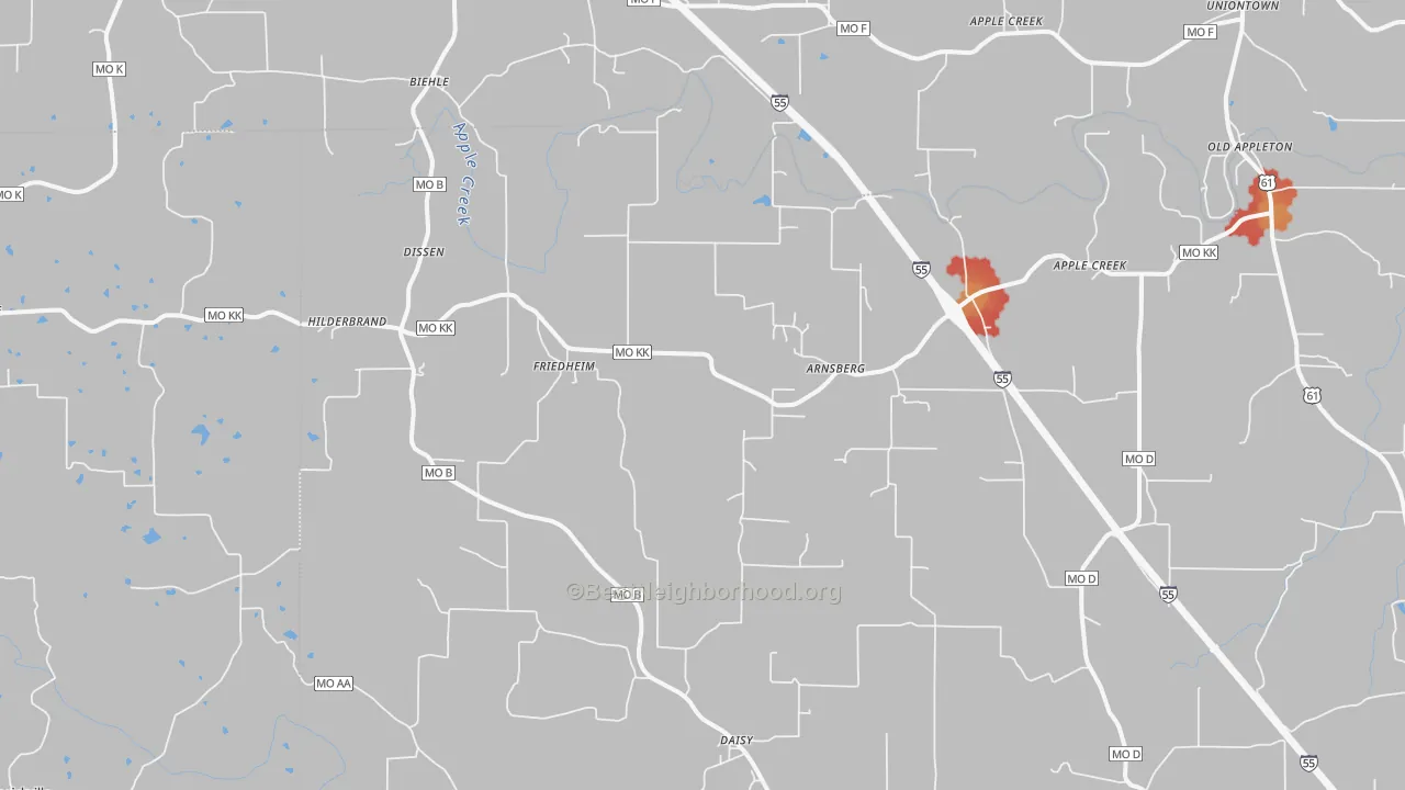 Walk Grade map of Friedheim, MO, walkable areas in green and car-dependent areas in red