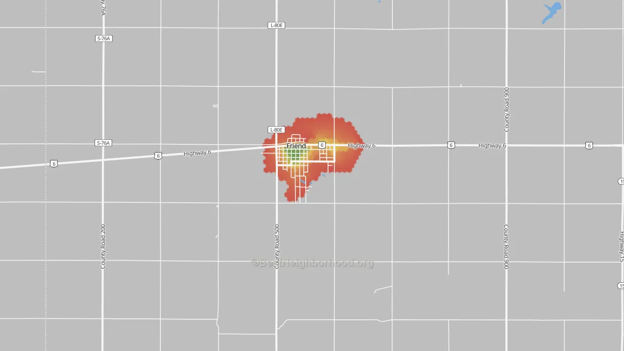 Walk Grade map of Friend, NE, walkable areas in green and car-dependent areas in red