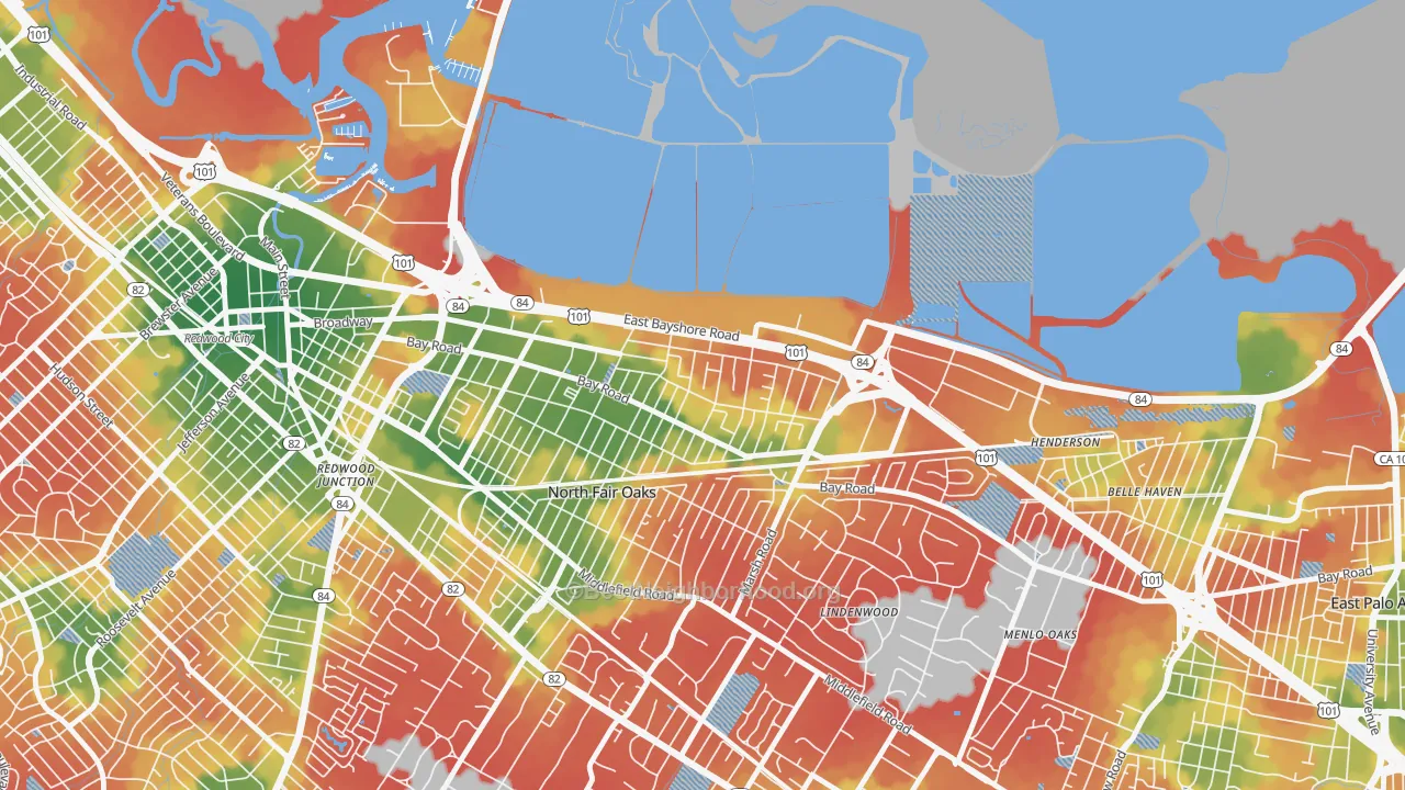 Walk Grade map of Friendly Acres, Redwood City, CA, walkable areas in green and car-dependent areas in red