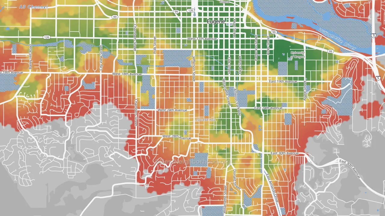 Walk Grade map of Friendly, Eugene, OR, walkable areas in green and car-dependent areas in red