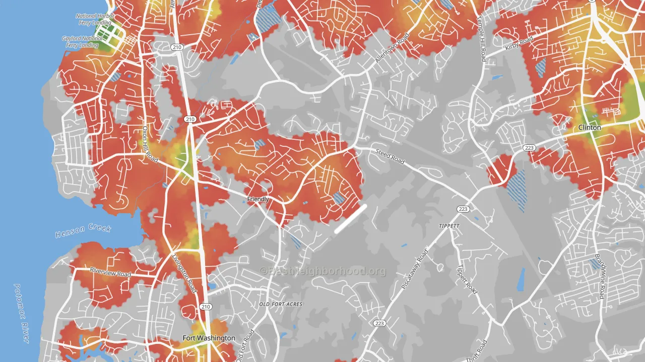 Walk Grade map of Friendly, Fort Washington, MD, walkable areas in green and car-dependent areas in red