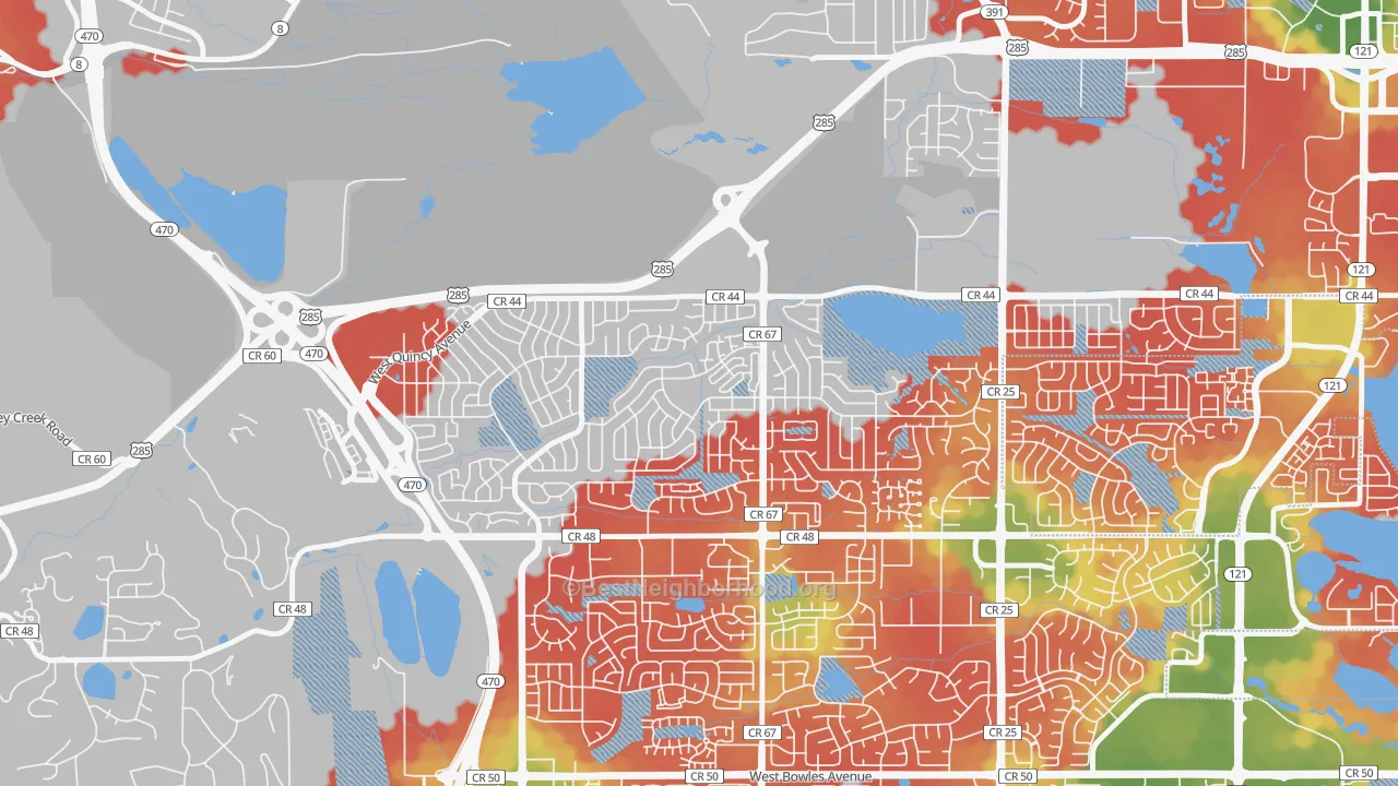 Walk Grade map of Friendly Hills, Dakota Ridge, CO, walkable areas in green and car-dependent areas in red