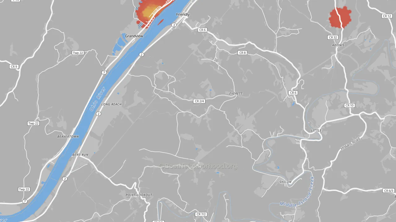Walk Grade map of Friendly, WV, walkable areas in green and car-dependent areas in red
